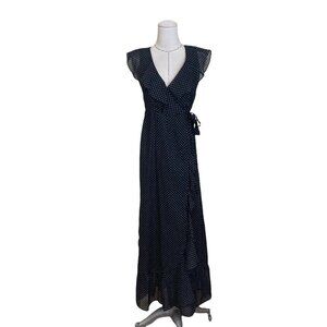 Vintage 70s Roberta Black Polka Dot Maxi Wrap Dress Ruffles Open Back Hostess M